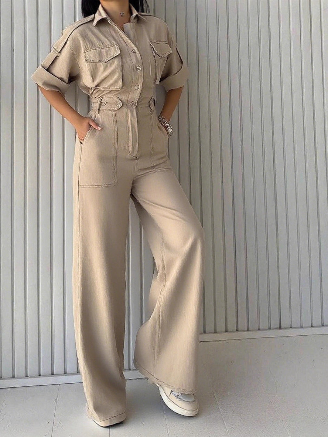Women Turndown Collar Cargo Wide-Leg Jumpsuit 4