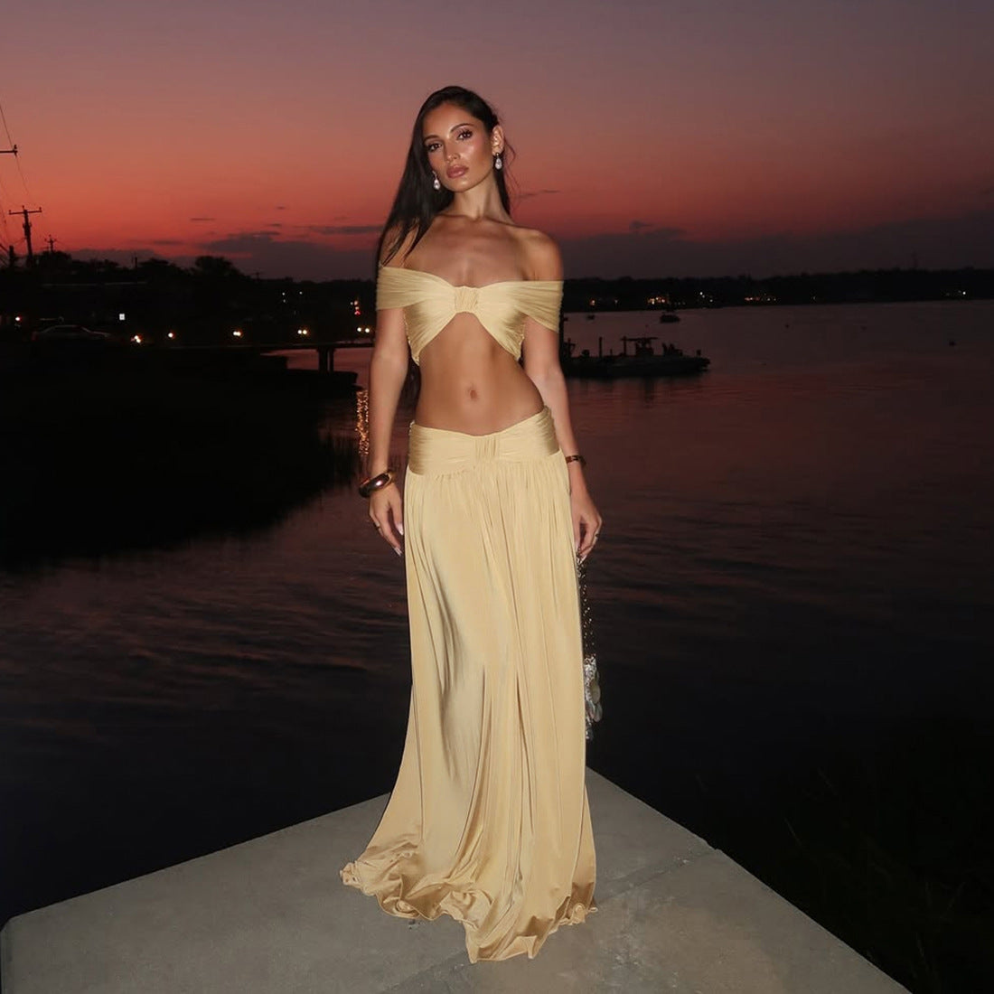 Autumn Women's Fashion Sexy Strapless Crop Top Sexy Chic Long Skirt Two-Piece Set 5