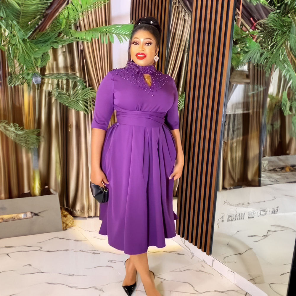 Women African Elegant Stand Collar Beaded Belt Pocket Dress 3