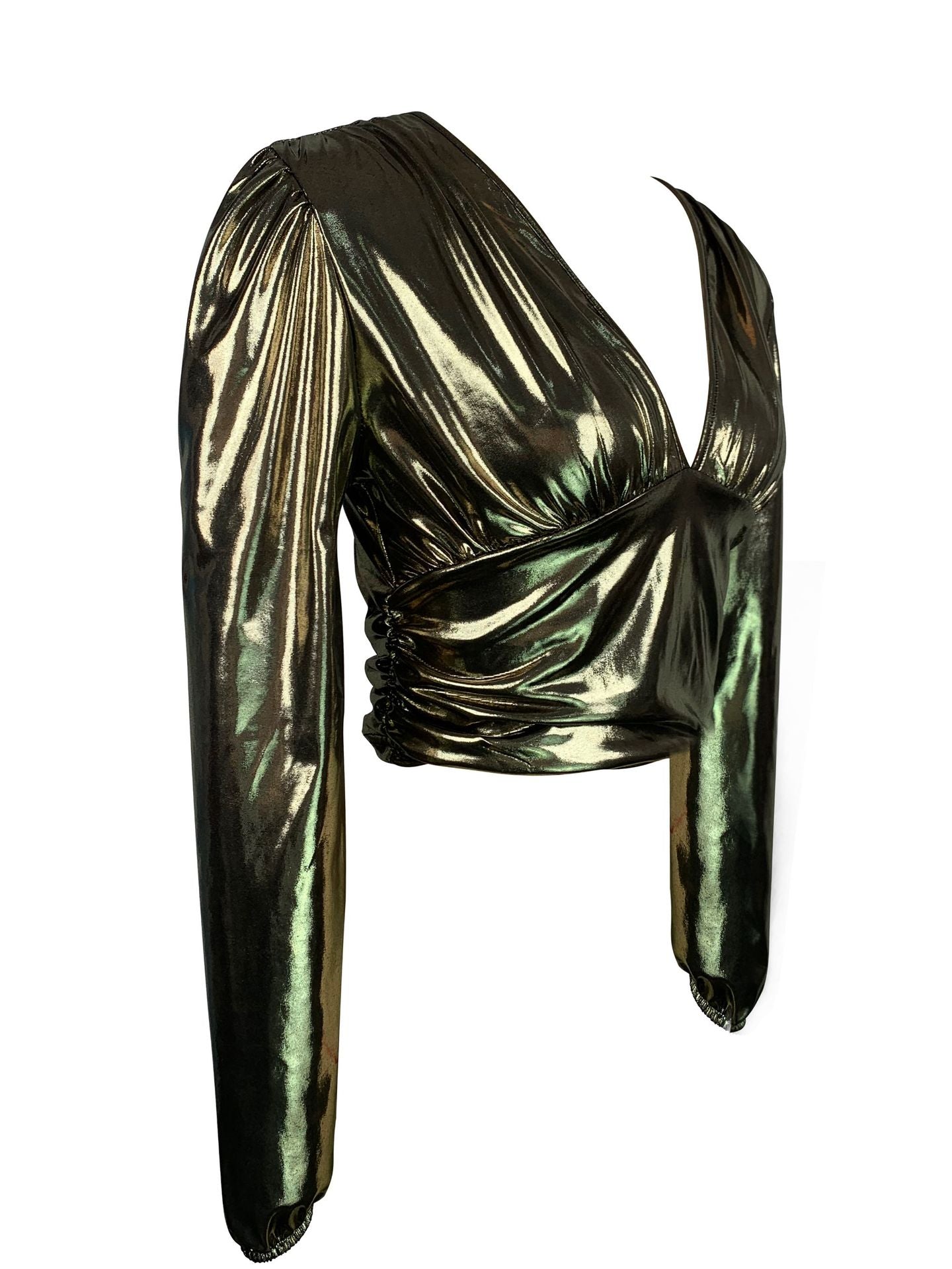 Fashionable Plus Size Women's V-Neck Long Sleeve Gathered Slim Waist Balloon Sleeve Top 11