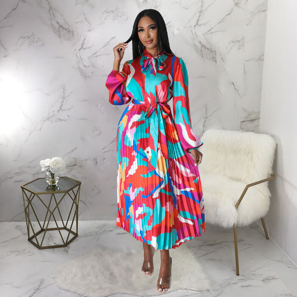 Women's Tie Long Sleeve Printed Pleated Dress 46