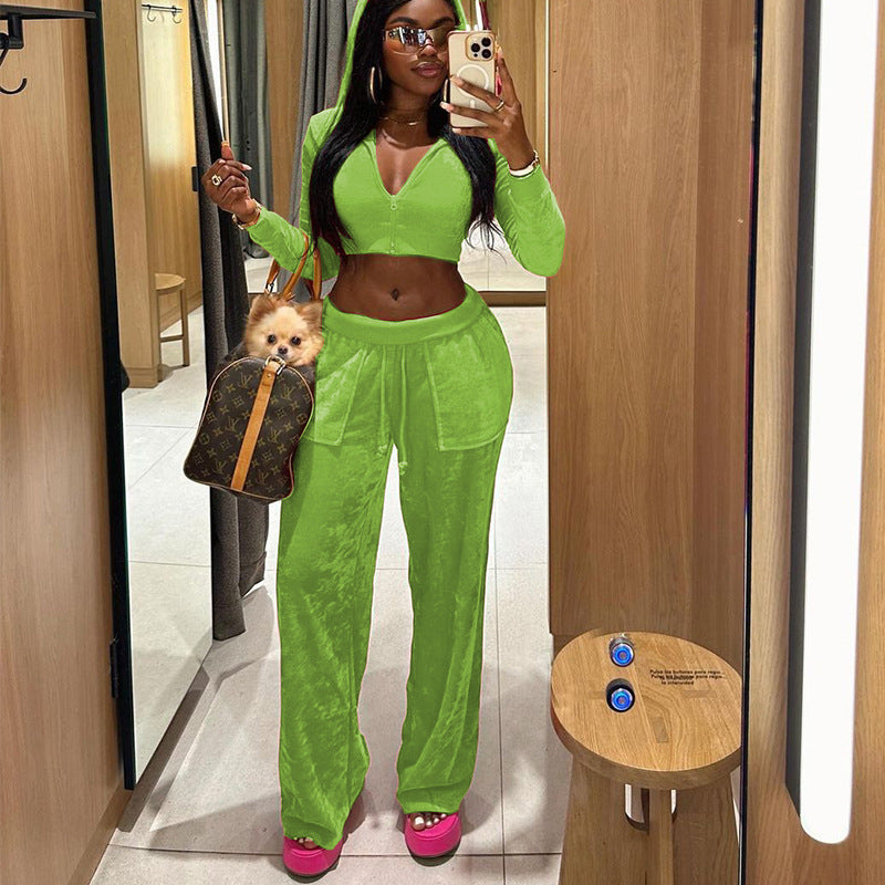 Autumn And Winter Women's Fashion Velvet Sports Casual Hoodies Pants Two Piece Set