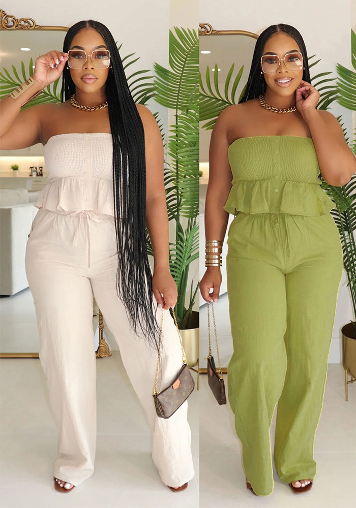 Sexy solid color strapless two piece pants set