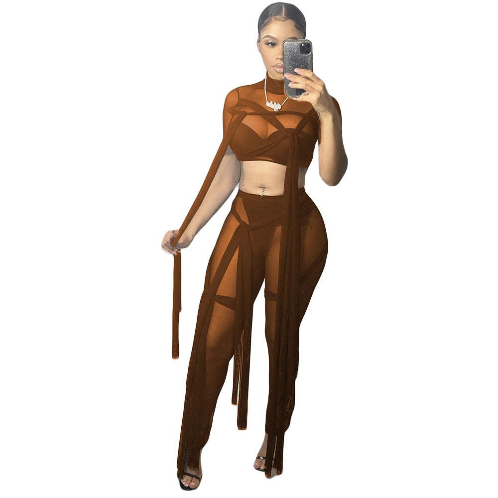 Women's Sexy Mesh See-Through Lace-Up Solid Color Short Sleeve Two-Piece Pants Set 6
