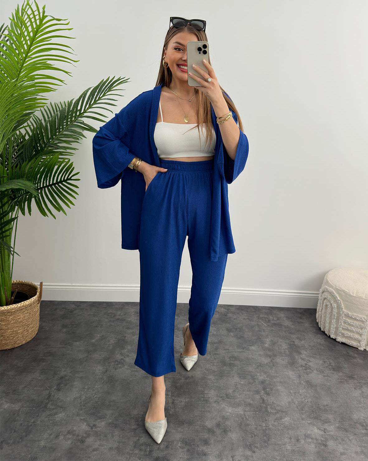 Women Solid long-sleeved shirt and pleated elastic waist trousers two-piece set 6