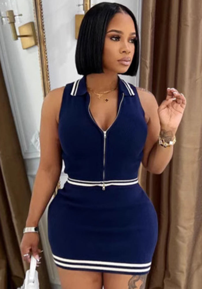 Women Polo neck zipper sleeveless knitting Dress