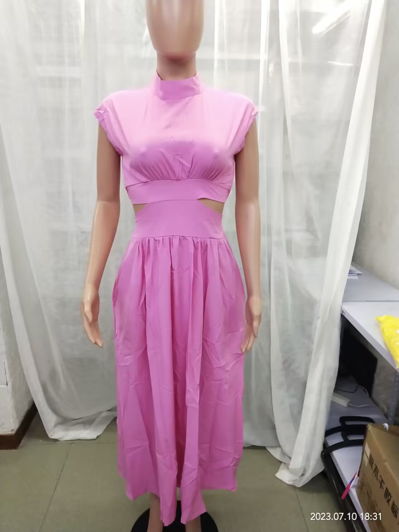 Women Summer Stand Collar Macaron Cut Out Maxi Dress 34