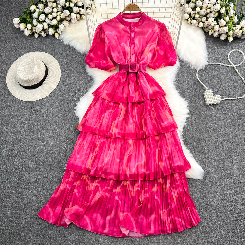 Puff Sleeve Stand Collar Slim Waist Tie-Dye Print A-Line Layer Dress