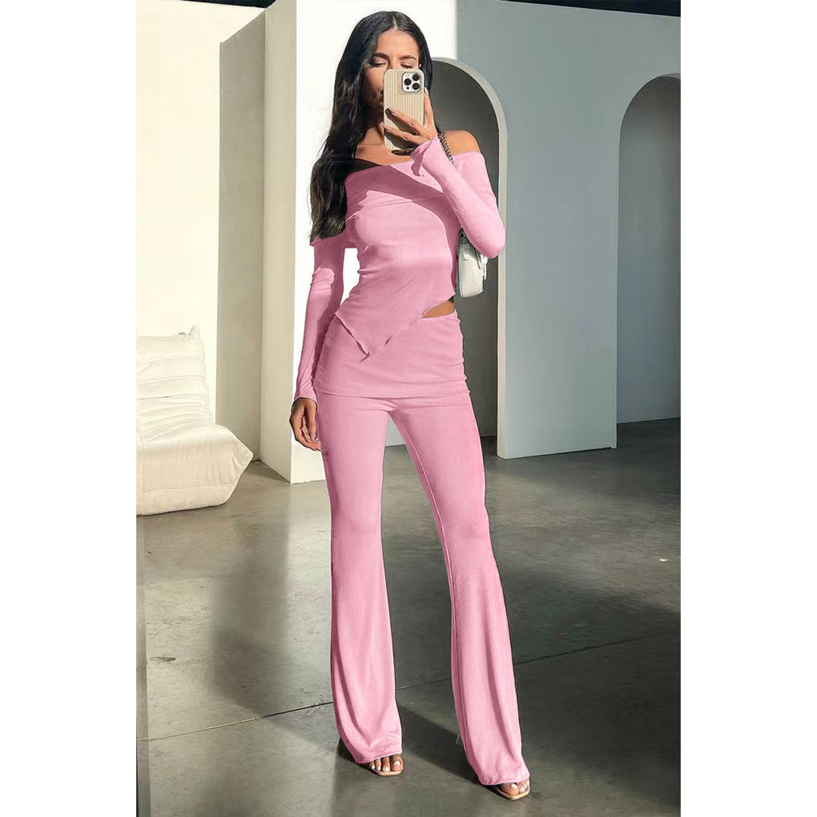 Women Irregular Off Shoulder Turndown Collar Top and Bell Bottom Pants Two-piece Set 3