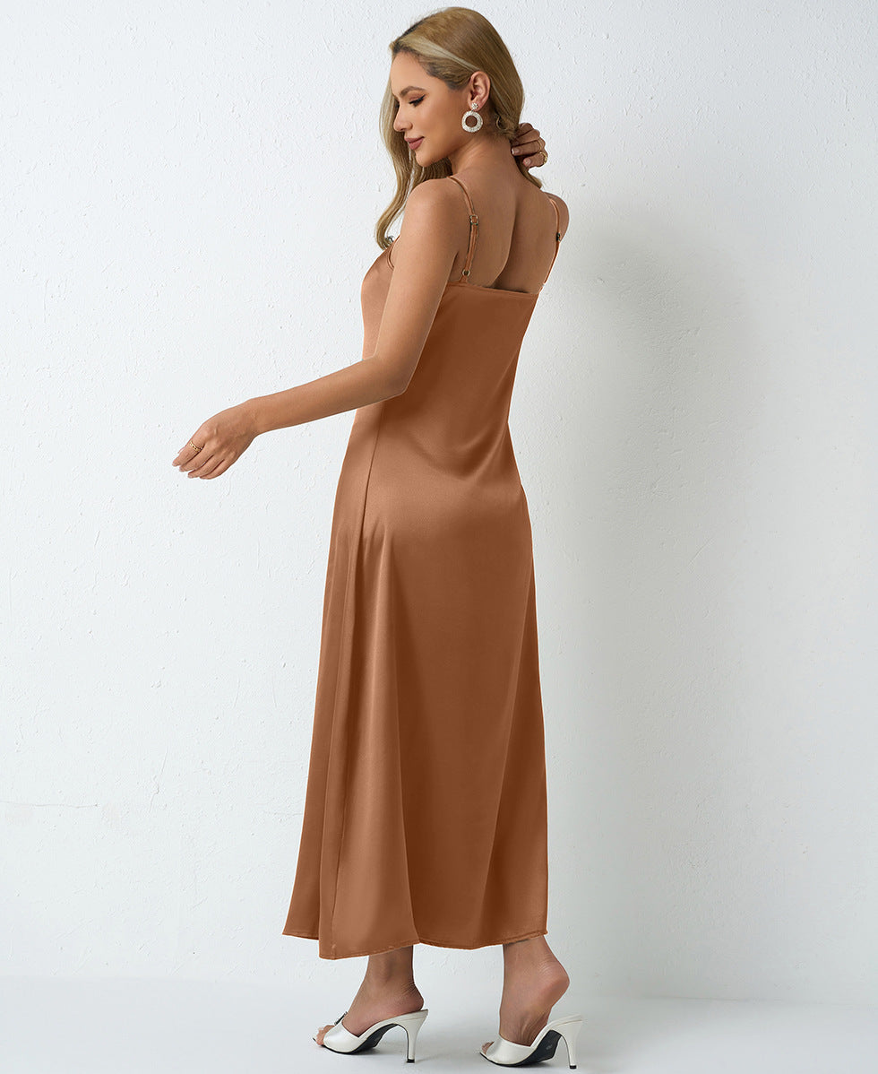 Women Pleated Sleeveless Satin Dress 33