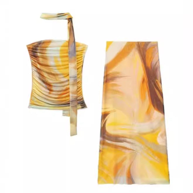 Women spring leopard print Strapless Top and Skirt two-piece set 6