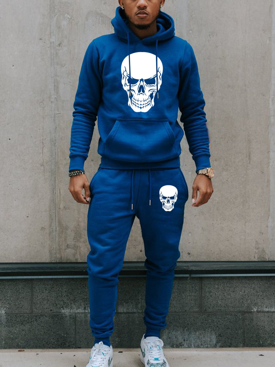 Men's Autumn and Winter Casual Skull Print Hoodies and Sweatpants Two-piece Set