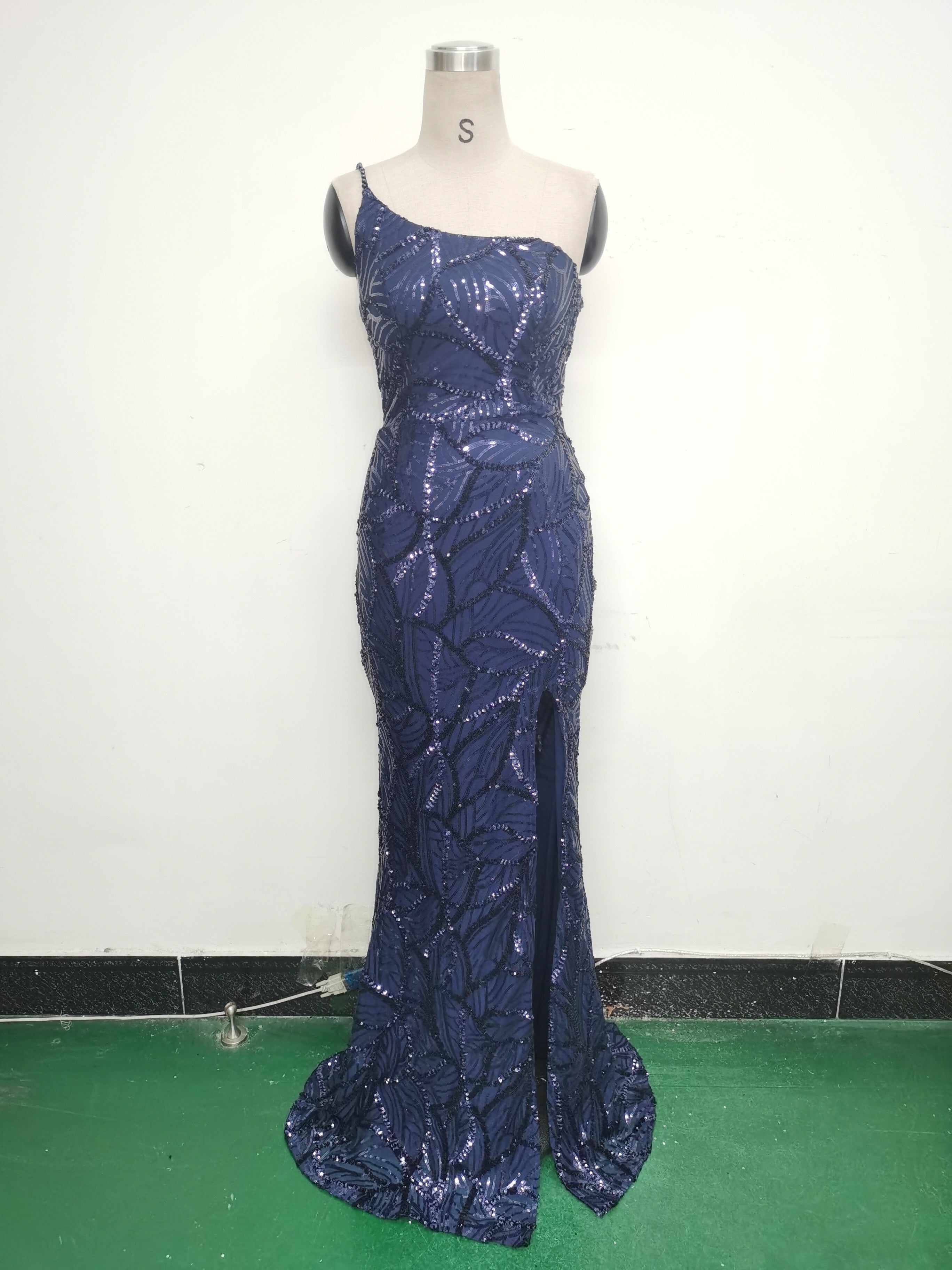 Women One Shoulder Beaded Geometric Sequin Formal Party Prom Wedding Evening Dress 27