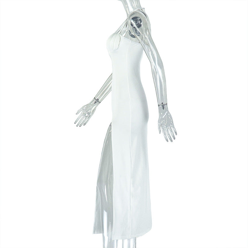 Women's Trendy Low Back Halter Neck Solid Color Hollow Slit Irregular Long Dress 10