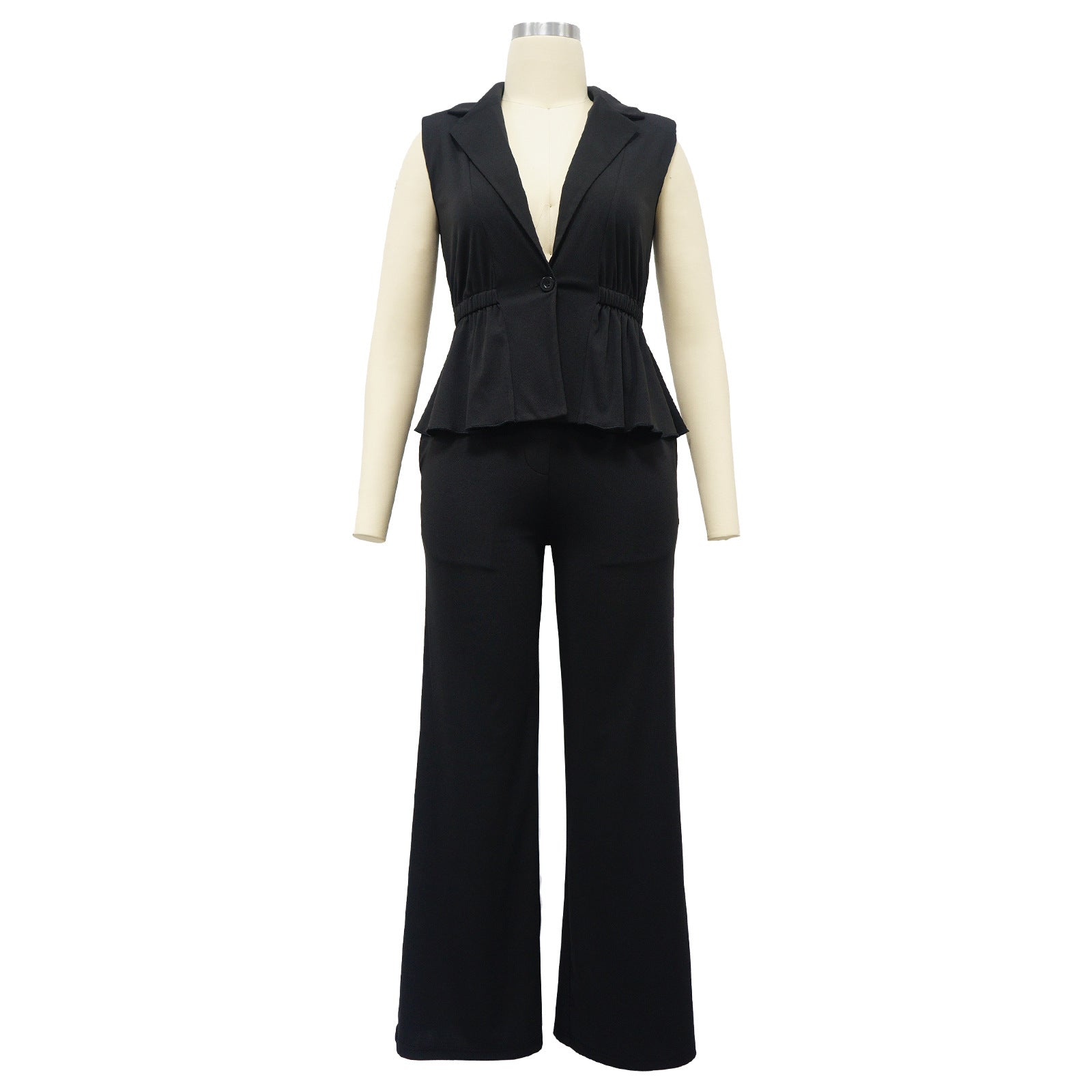 Fashion Women's Solid Color Turndown Collar Sleeveless Casual Two Piece Suit 10
