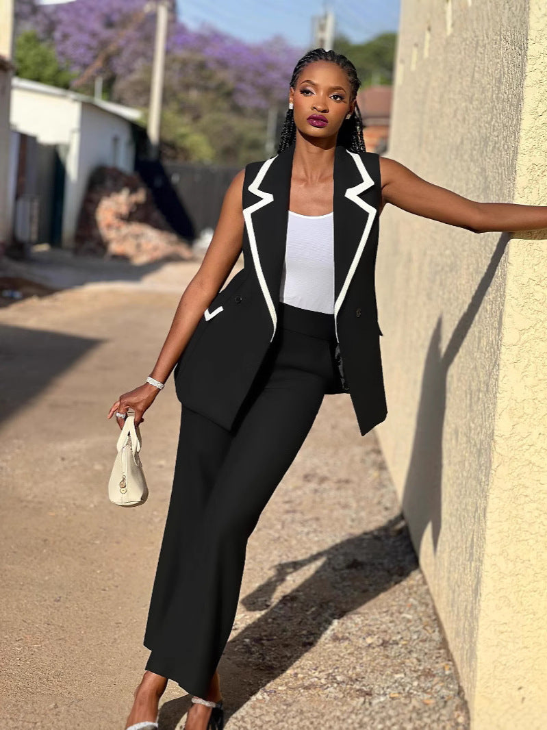 Women's Sleeveless Patchwork Contrast Color Vest Pants Two Piece Set 5