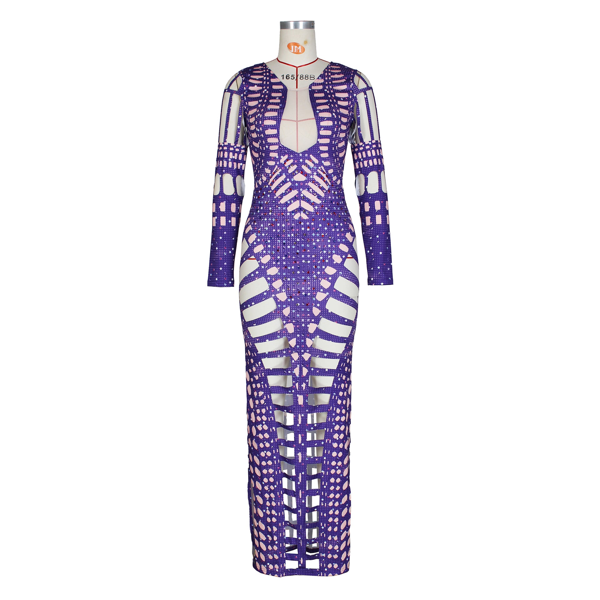 Women's Sexy Ripped Tight Fitting Hollow Out Beaded Print Maxi Dress 14