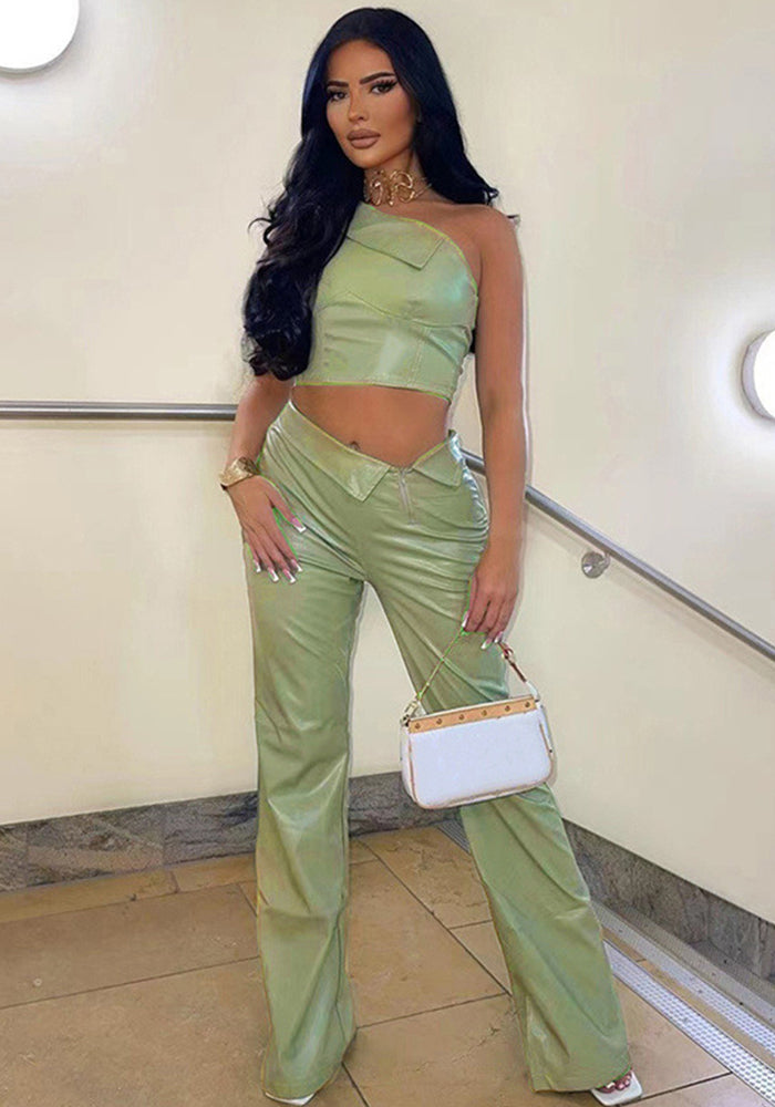 Women summer Slash Shoulder one shoulder Tank Top and straight trousers pu Leather two-piece set