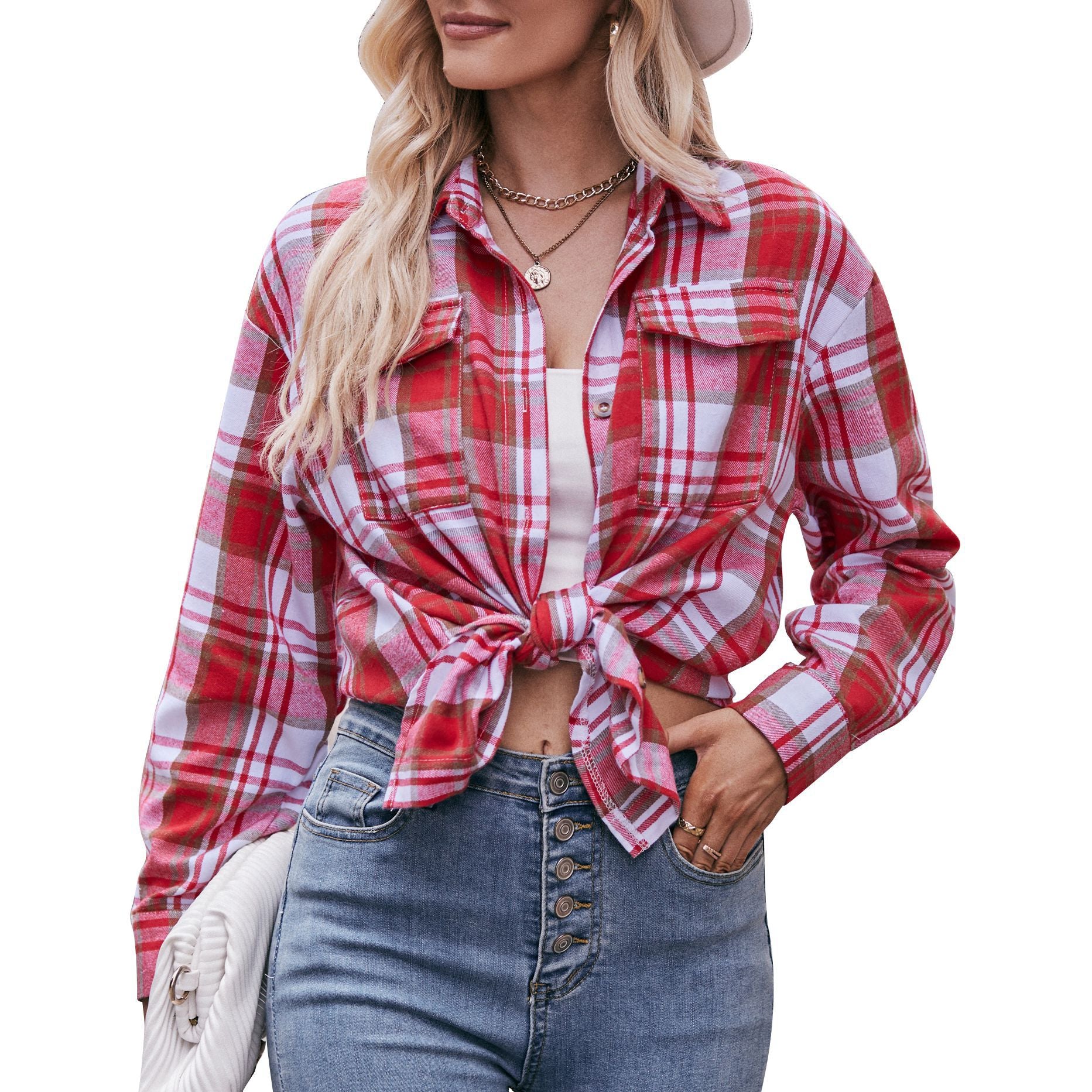 Women Casual oversize loose plaid shirt 13