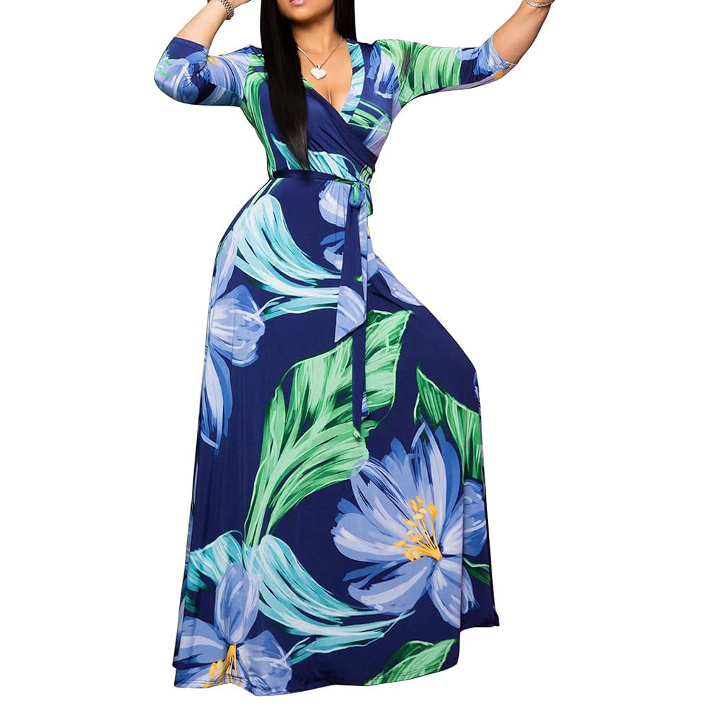 Women Flower Tie-dye Sexy V-neck Half-Sleeve Maxi Dress 19