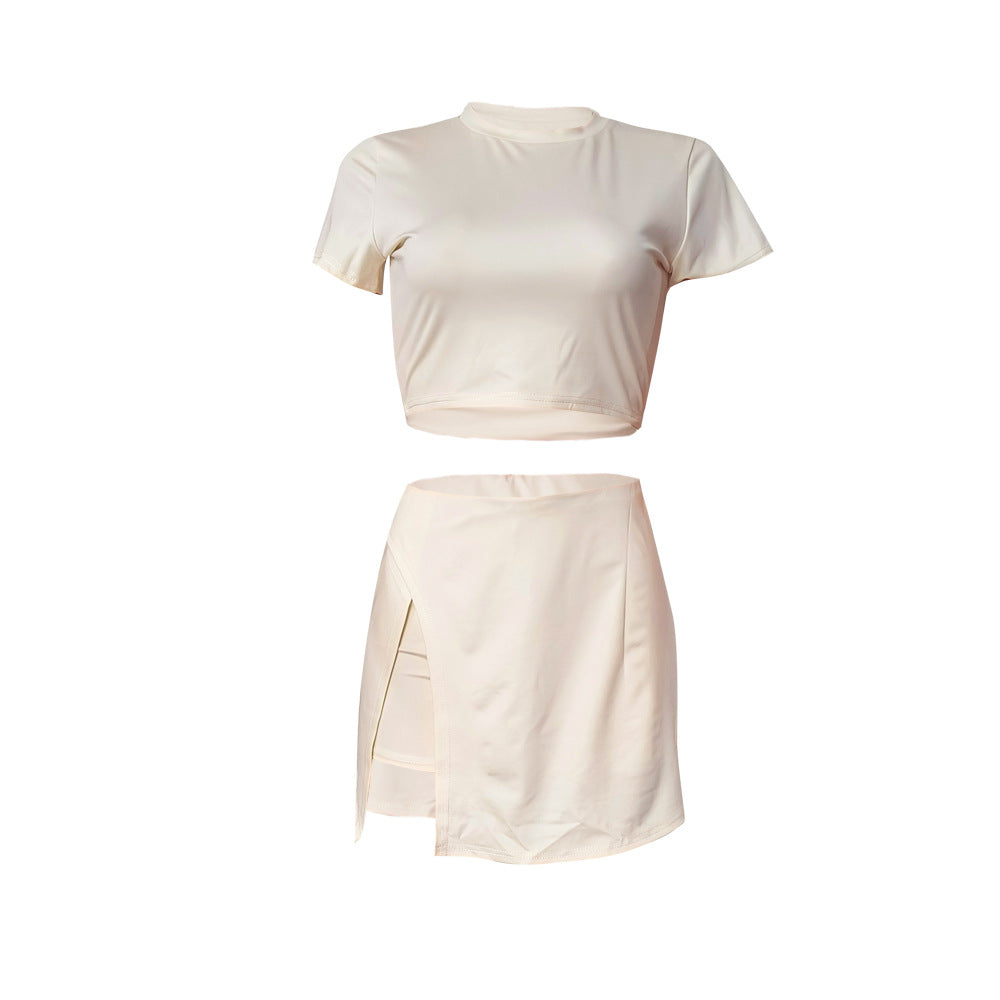 Women Casual Sports Solid Short Sleeve Top and Skirt Pants Two-piece Set 5