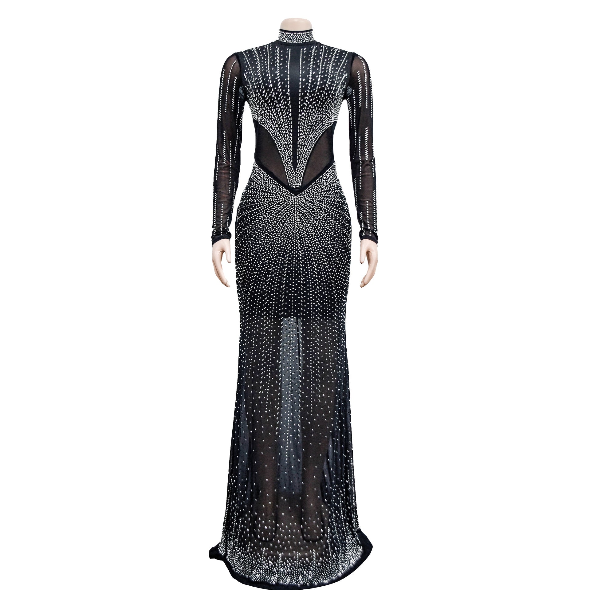 Women's Fashion Solid Color Mesh Beaded Long Sleeve Maxi Dress 17