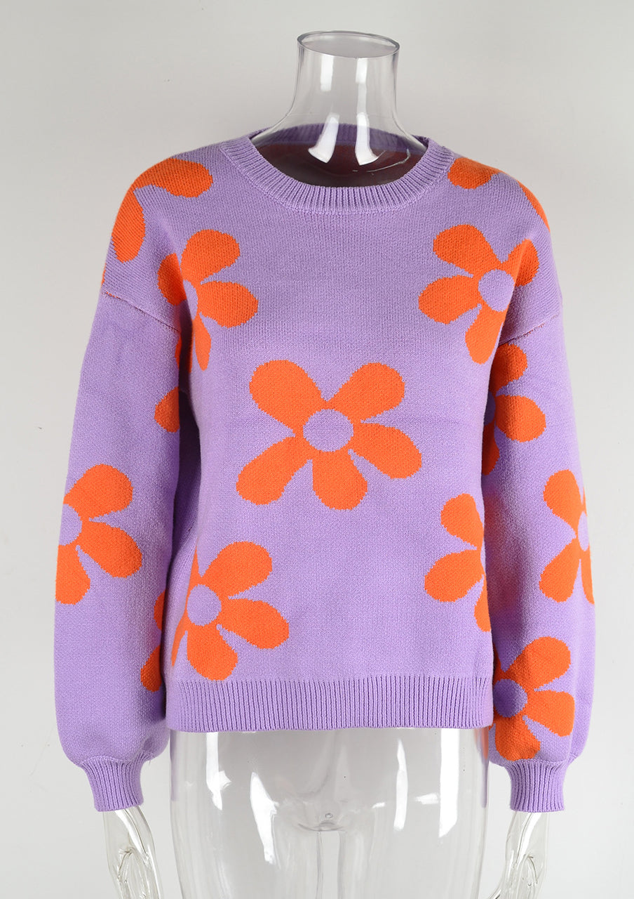 Autumn and winter women's printed sweater pullover flower plus size sweater 59