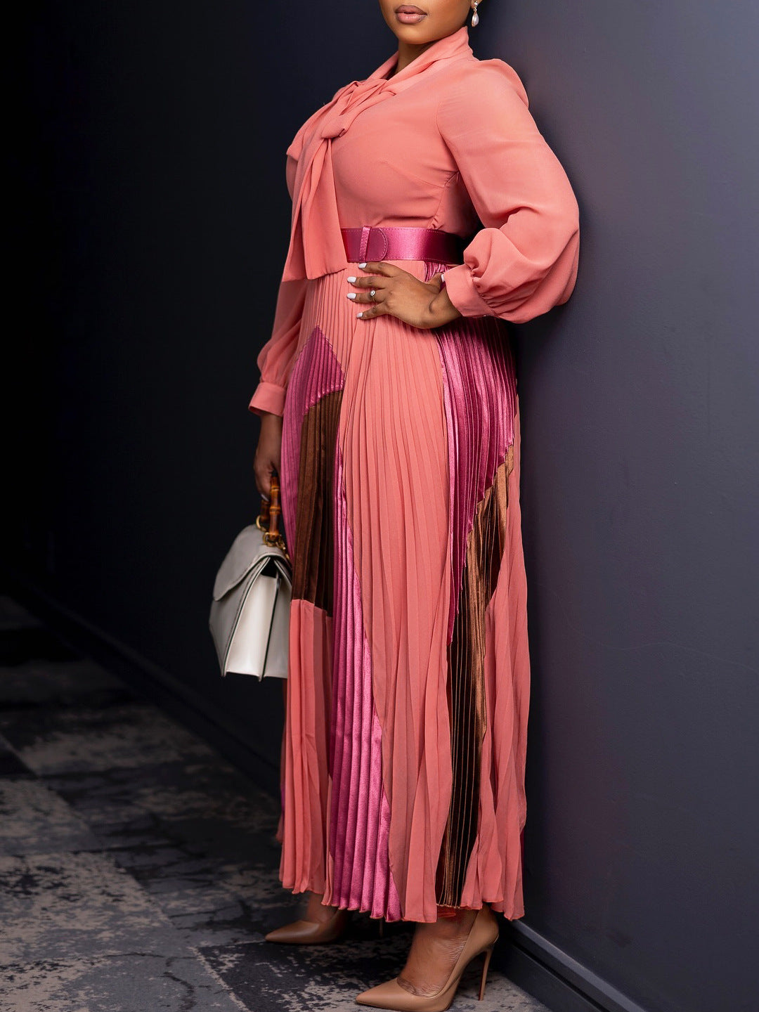 Plus Size Women Autumn Lace-Up Pleated Long Sleeve Colorblock Dress 7