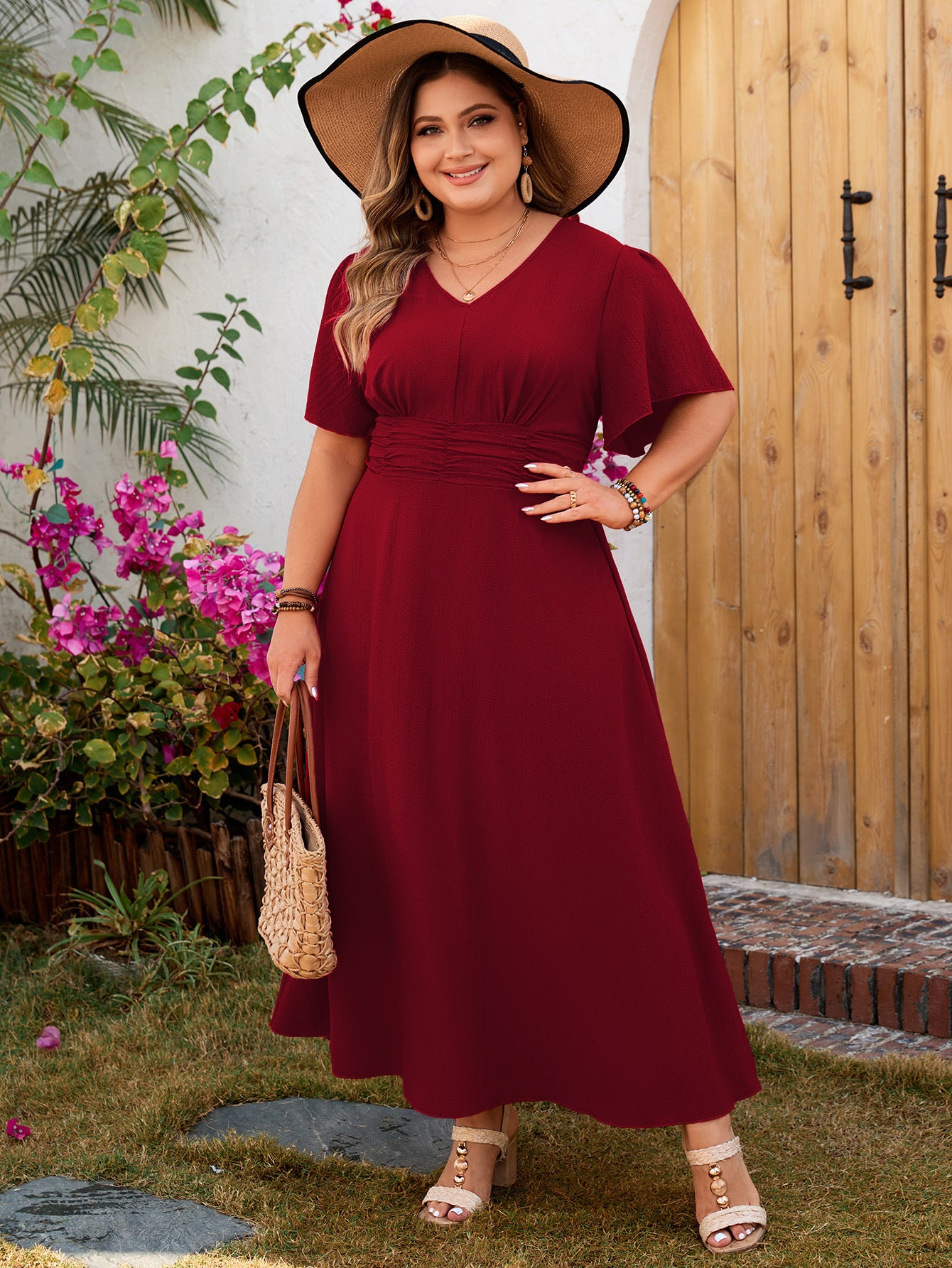Women spring and summer holidays red v-neck chiffon short-sleeved dress 4
