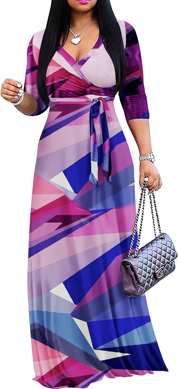 Casual Fashionable Flower Print V-Neck Half-Sleeve Swing Long Dress