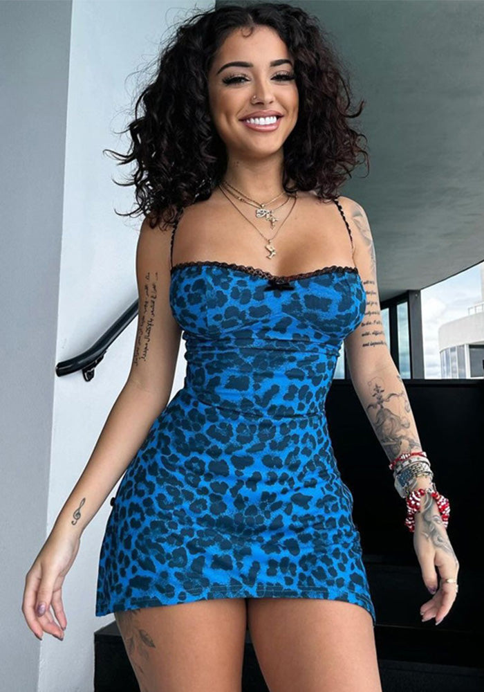 Women's Summer Fashion Leopard Printed Side Slit Strap Dress