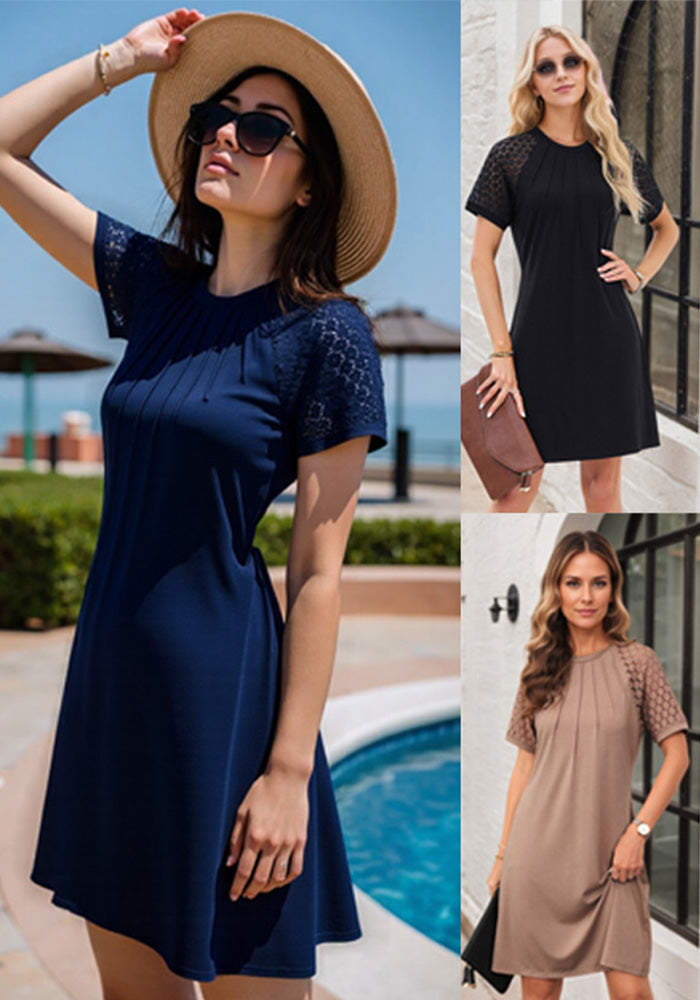 Women Spring and Summer Solid Hollow Lace Short Sleeve Round Neck Crumpled Dress
