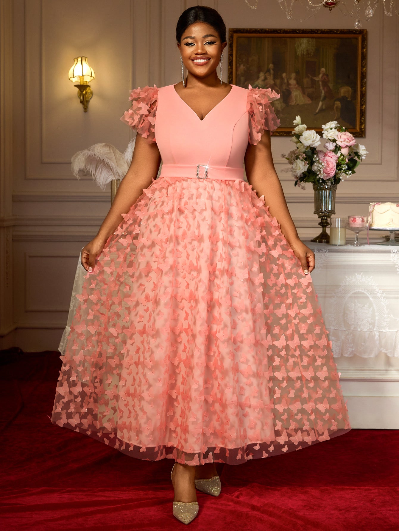 Plus-Size Women V-Neck Ruffle Sleeve Butterfly Formal Party Dress 8