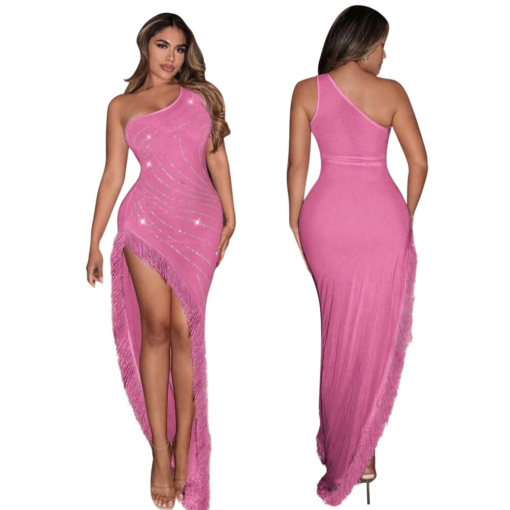 Sexy Solid Color Beaded Slash Shoulder Tassel Irregular Dress For Women 3