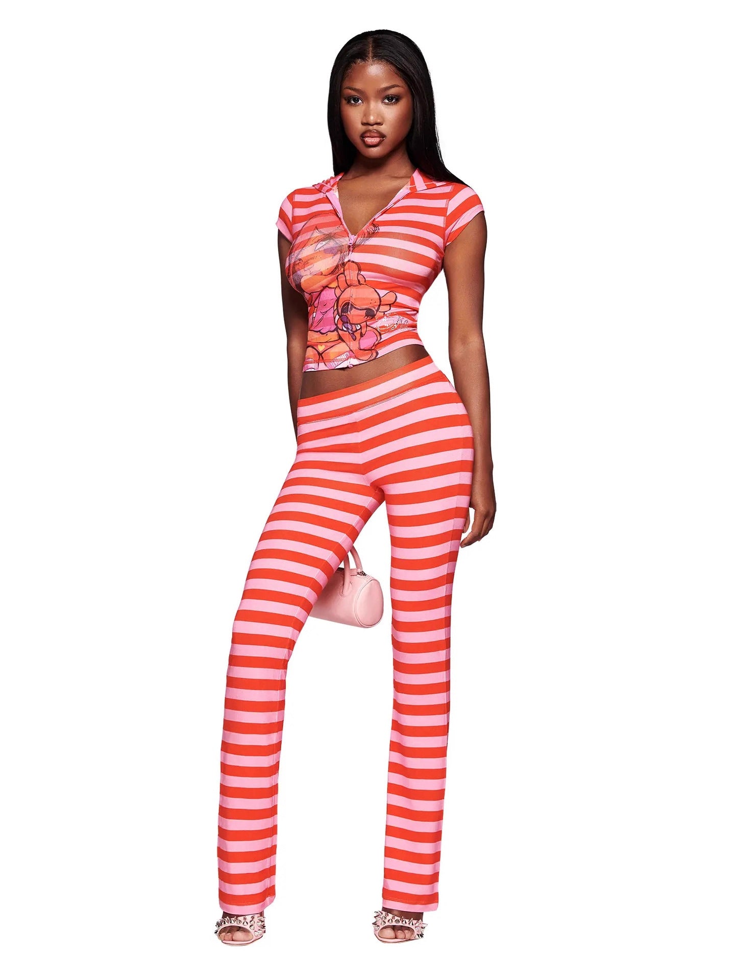 Women Printed Casual Striped Hooded Zipper Jacket and Pants Two-Piece Set 5