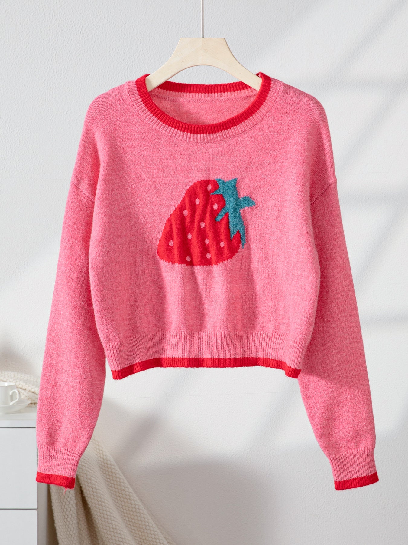 Women strawberry jacquard autumn sweater Casual short long-sleeved knitting shirt Top 5