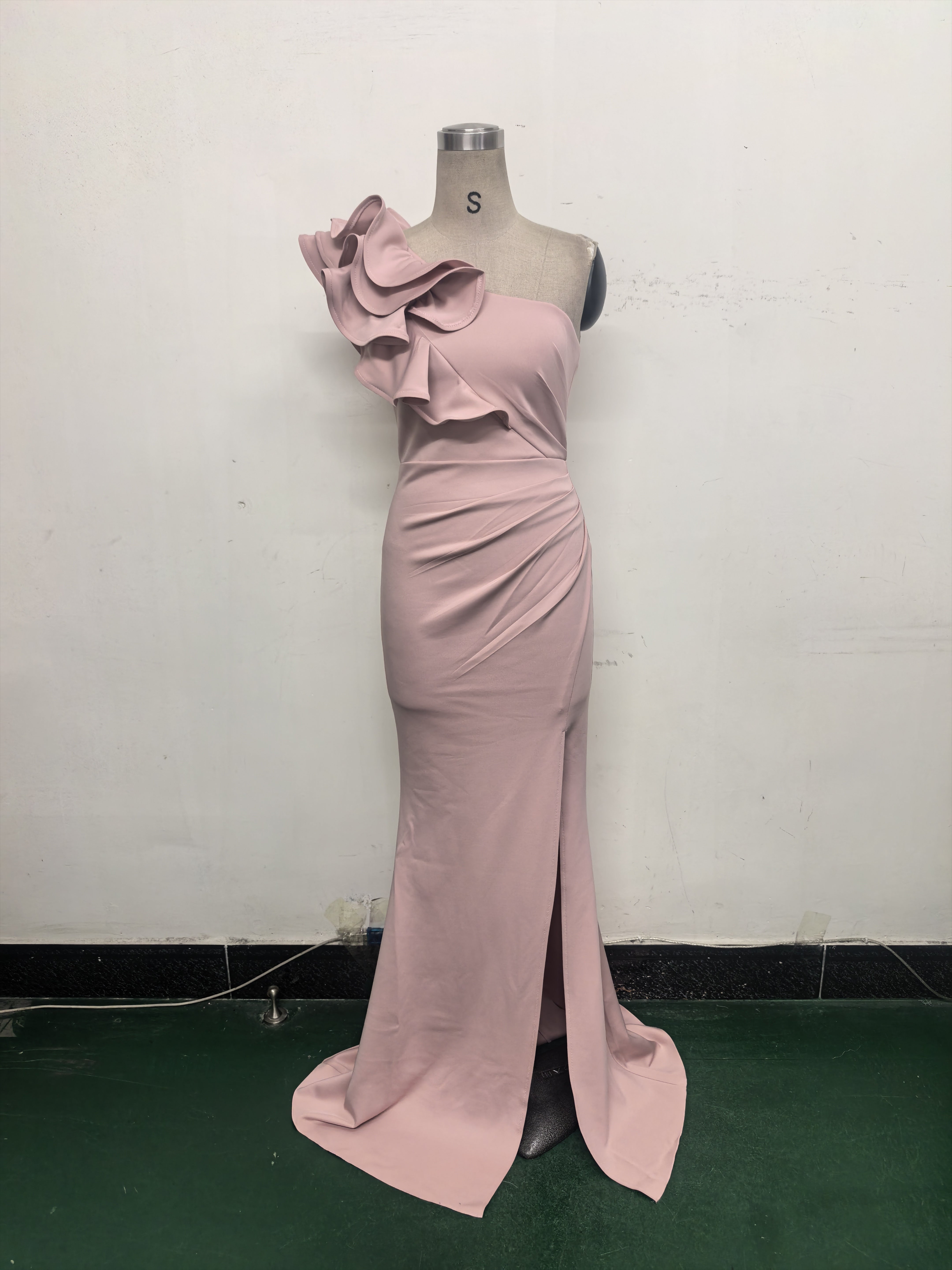 Women One-Shoulder Beaded Wool and Floral Satin Slit Sexy Evening Dress 33