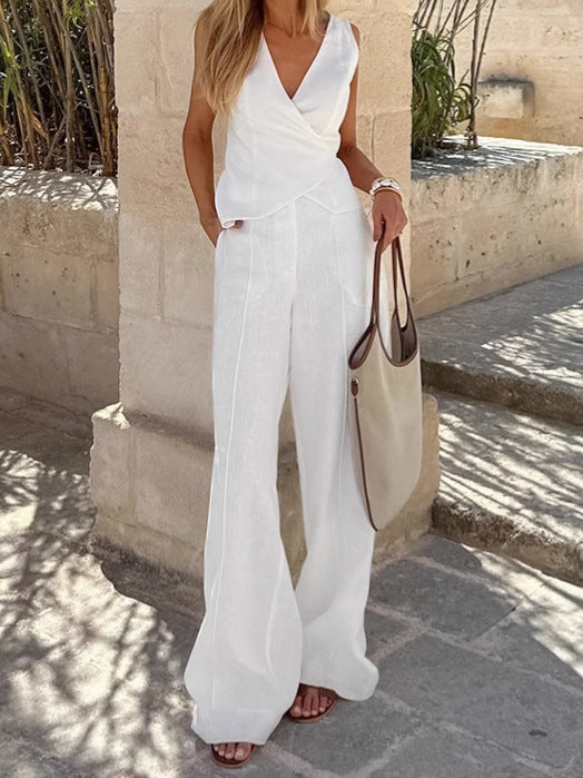 Women White V-Neck Lace-Up Vest and Pants Two Piece Set 5