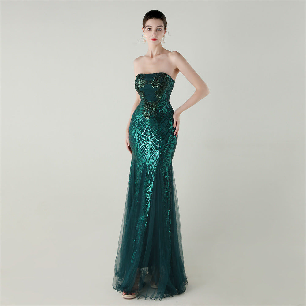 Women Strapless cross Lace-Up sequined tube flower sequined mesh evening dress Formal Party evening dress 15