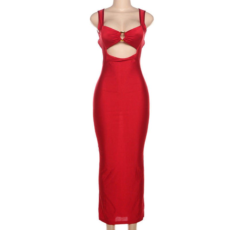 Autumn Women's Fashion Sexy Solid Color Strappy Slim Waist Low Back Bodycon Dress 8