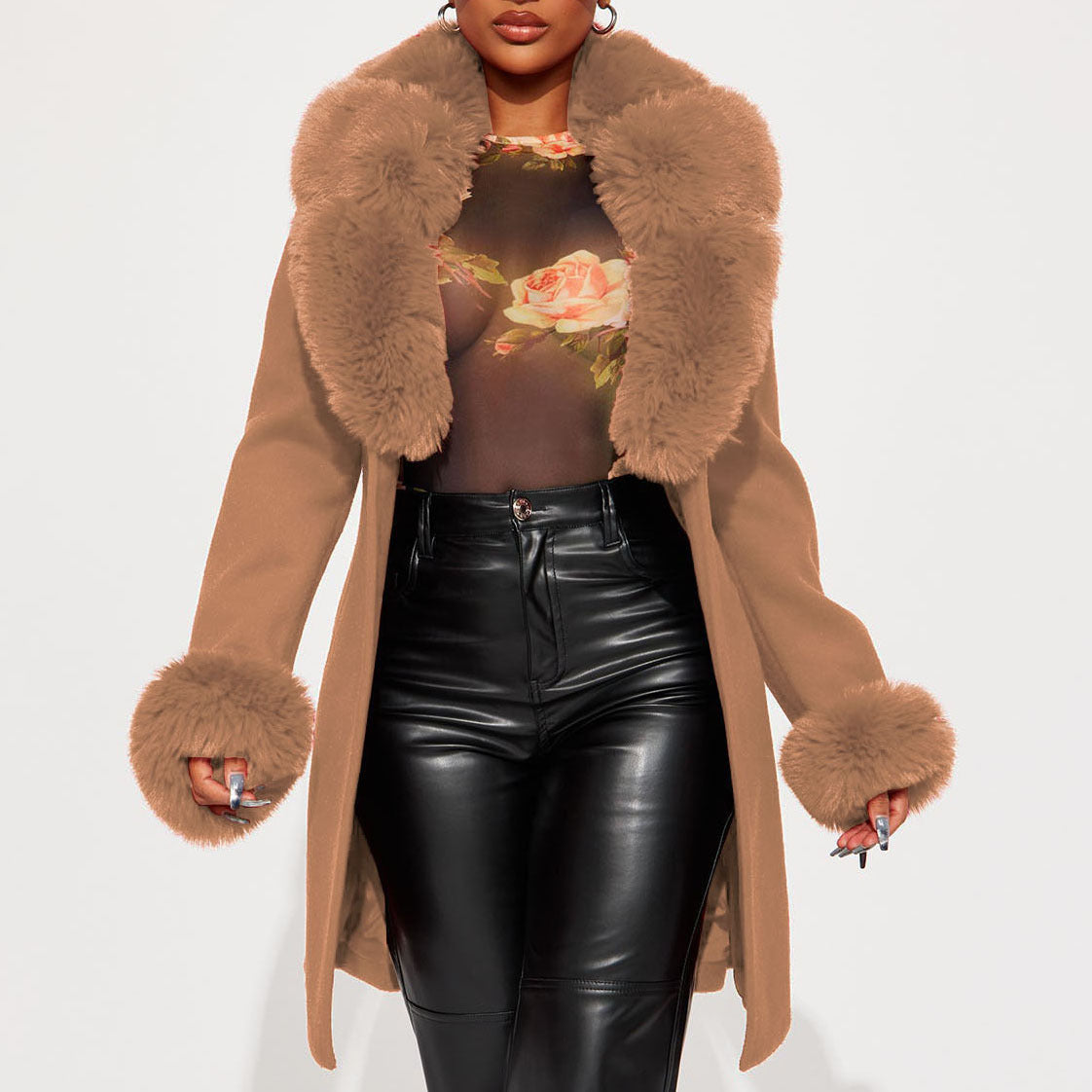 Fur Collar Slim Waist Faux Fur Coat 7