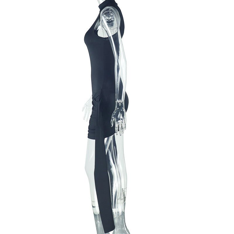 Fashion Women's Pleated Patchwork Lace-Up Slim Casual Solid Color Stand Collar Short Bodycon Dress 8