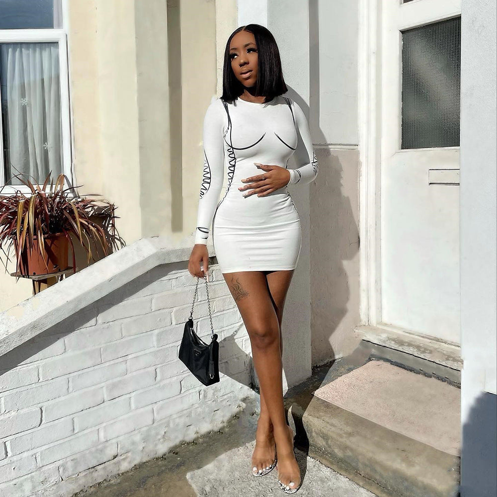 Fashionable Autumn Women's Sexy Slim Fit Round Neck Long Sleeve Dress