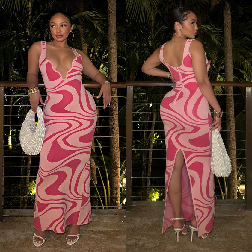 Women Spring and Summer Metal Irregular Neck Printed Hollow Strap Dress 3