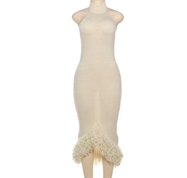 Women’s Sexy Halter Neck Low Back High-Waist Bodycon Fringe Knit Dress 10