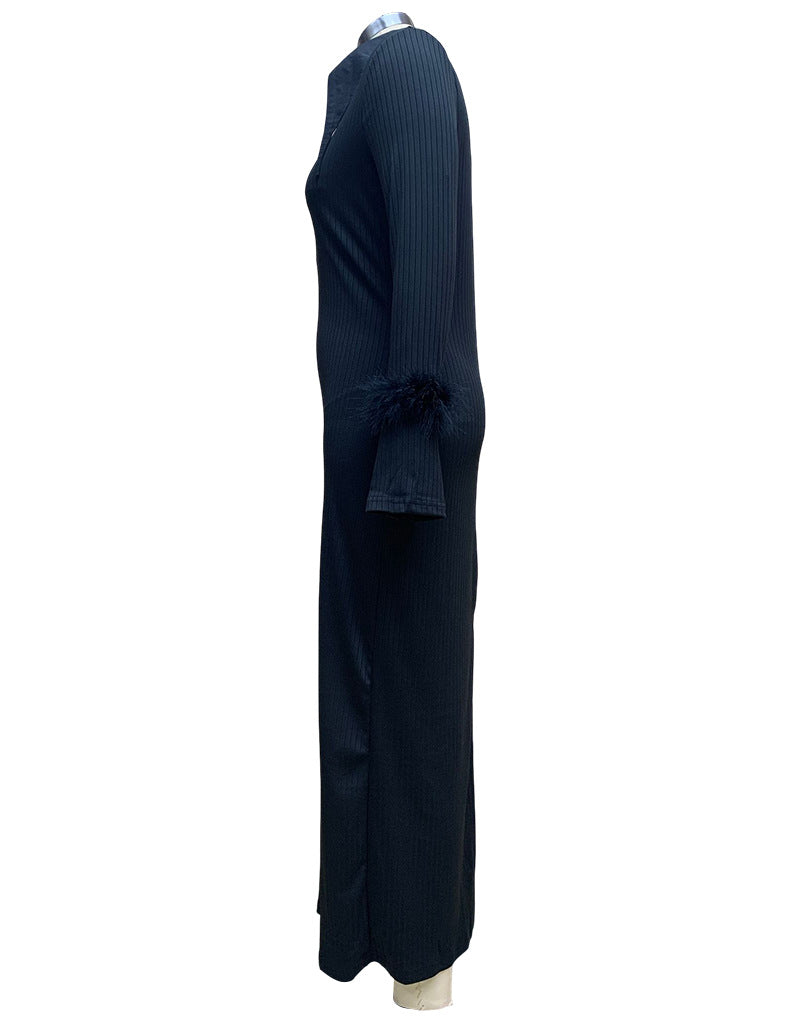 Women Turndown Collar Long Sleeve Feather Maxi Dress 11