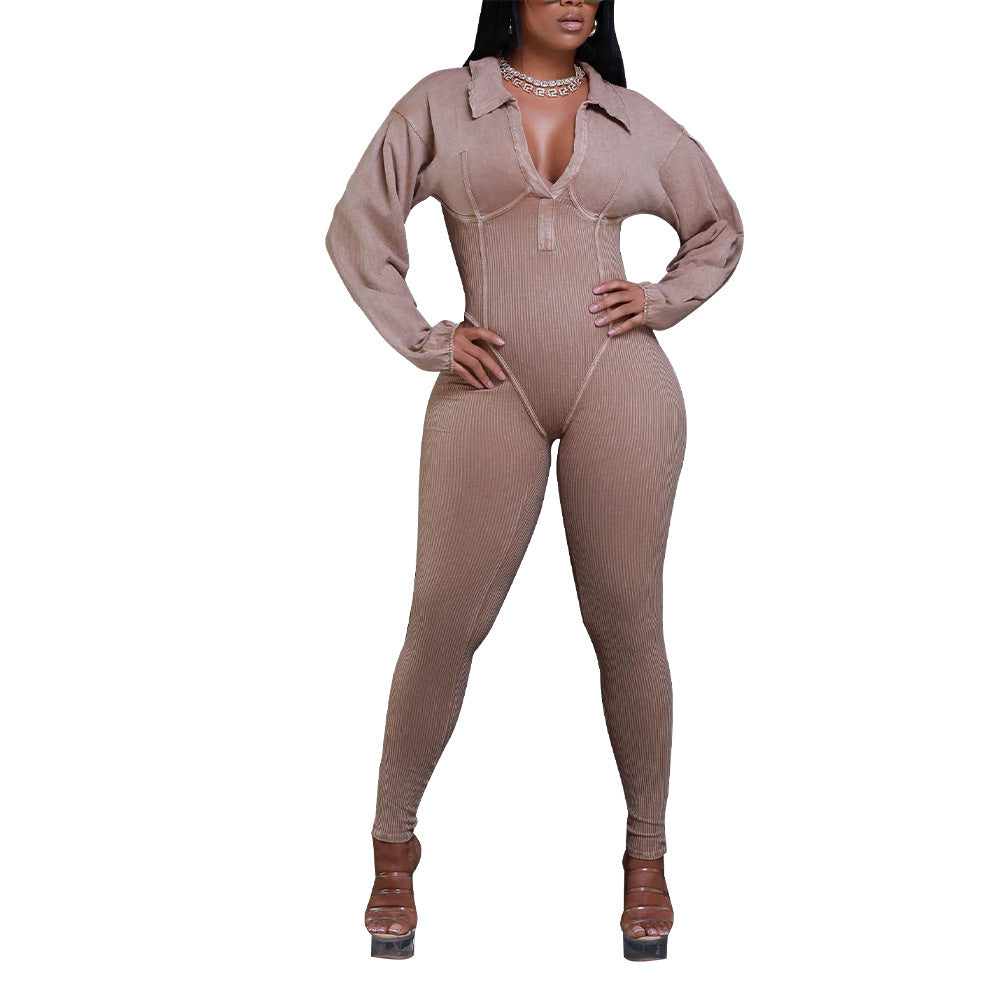 Autumn And Winter Women's V-Neck Long Sleeves Tight Fitting Patchwork Jumpsuit 9