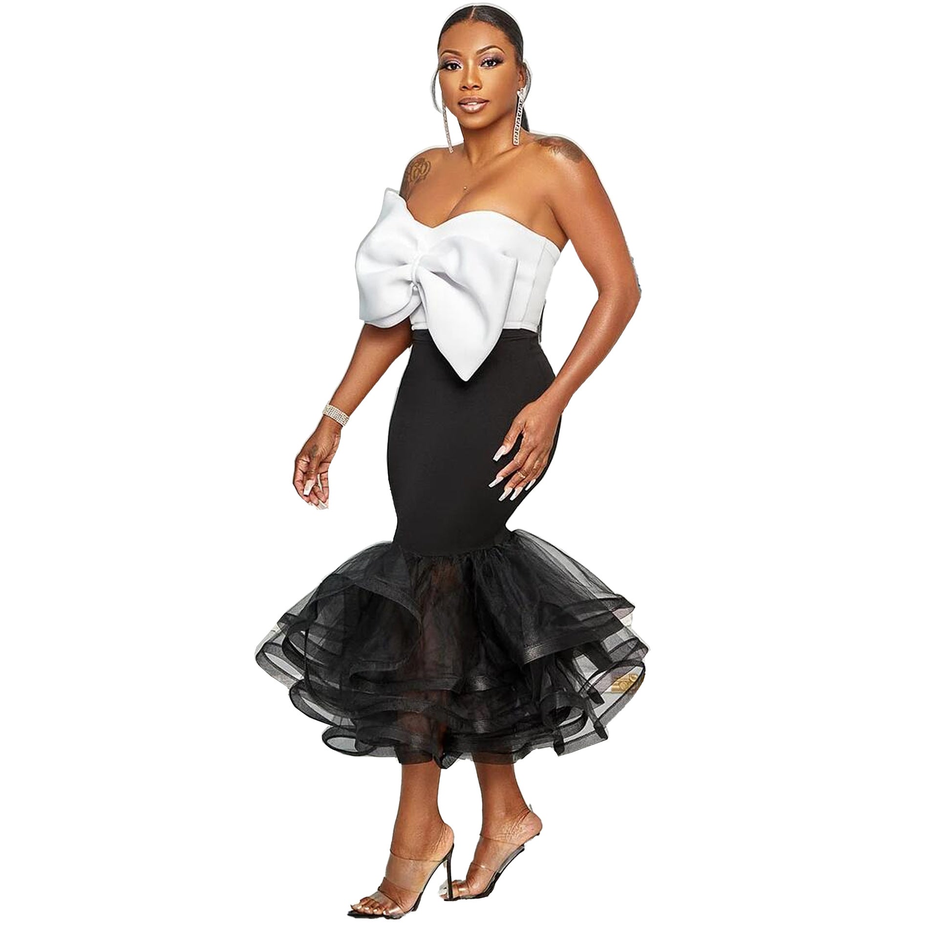 Sexy Slim Contrast Color Strapless Bow Mesh Top Mermaid Party Skirt two piece set 7