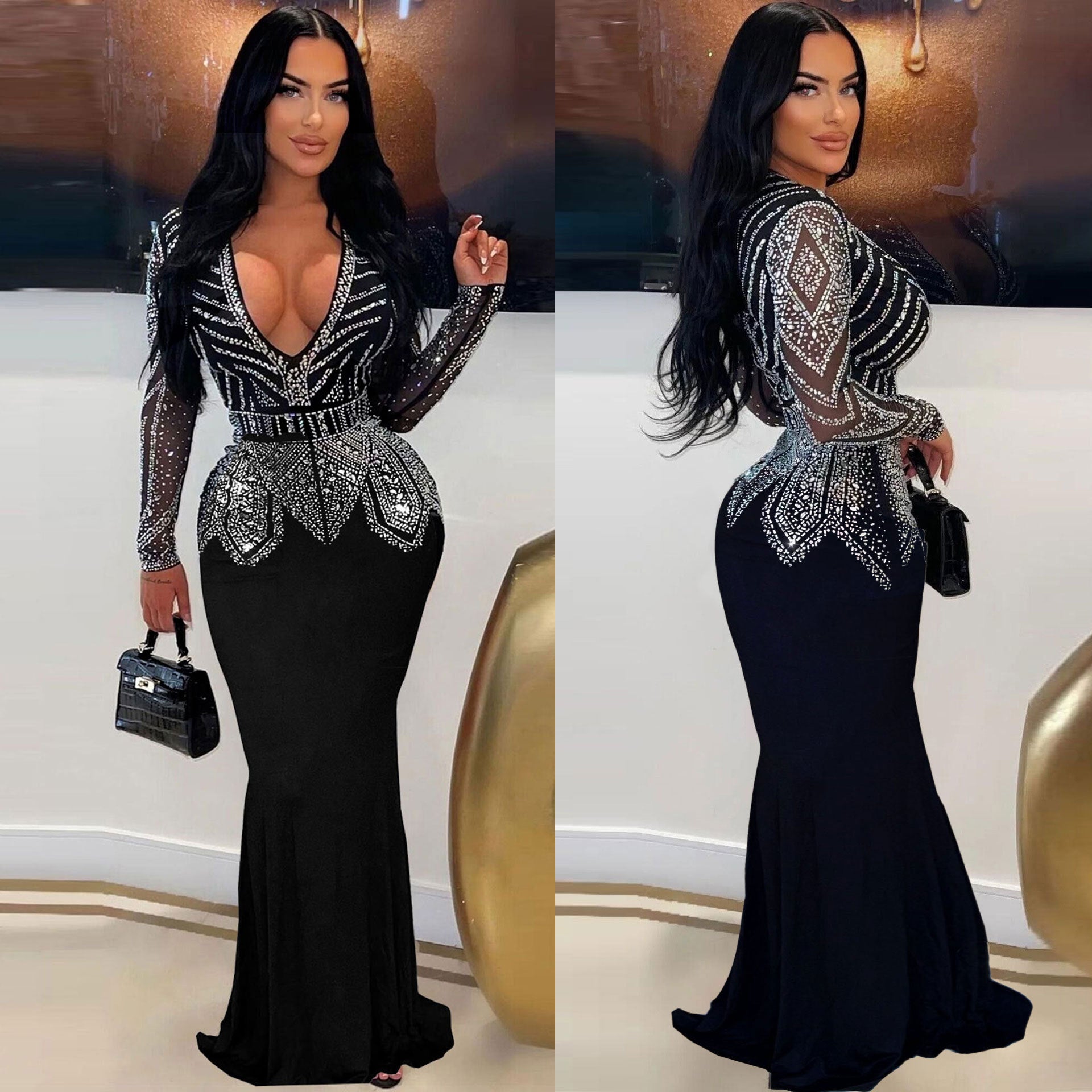 Women Sexy Beaded Bodycon V-Neck Dress