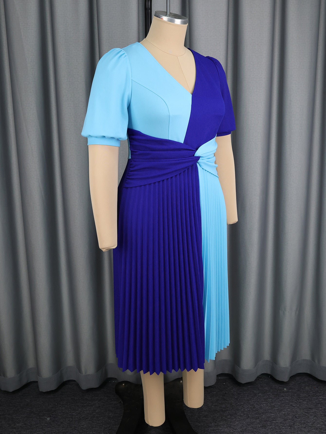 Color Block Patchwork V-Neck Sexy A-Line Dress Slim Waist Party Pleated Dress 6